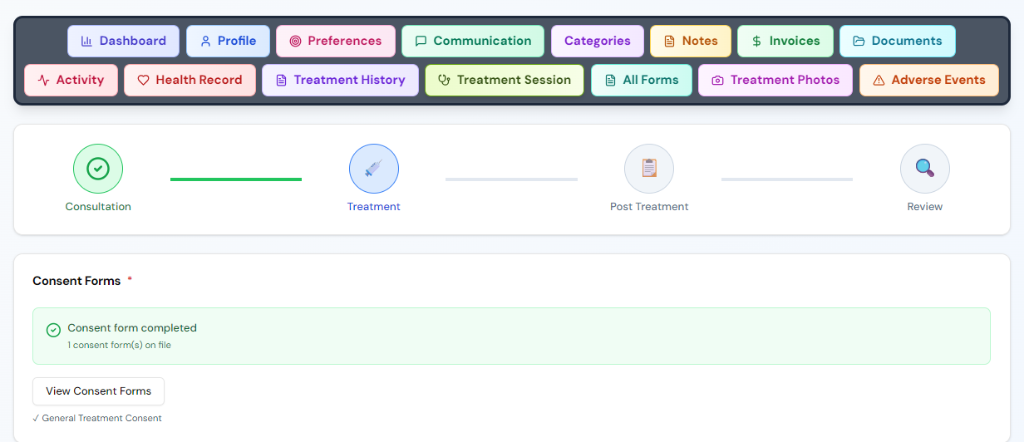 INTENTIQ patient record showing consent forms and treatment journey